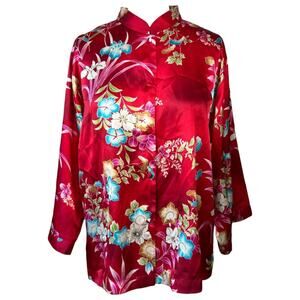 Vintage Oscar de la Renta Pink Label red floral satin lounge top size L